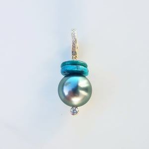 Tahitian Pearl & double Turquoise Charm 