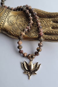 Image 3 of Golden Lotus Flower + Earthy Leopard Skin Jasper Necklace