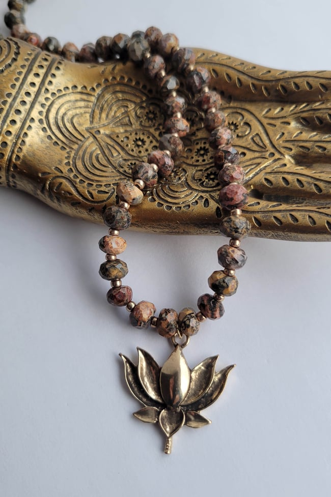 Golden Lotus Flower + Earthy Leopard Skin Jasper Necklace