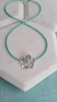 Image 2 of Simple + Sweet:  Tiny Turquoise + White Floral Mother of Pearl Necklace  