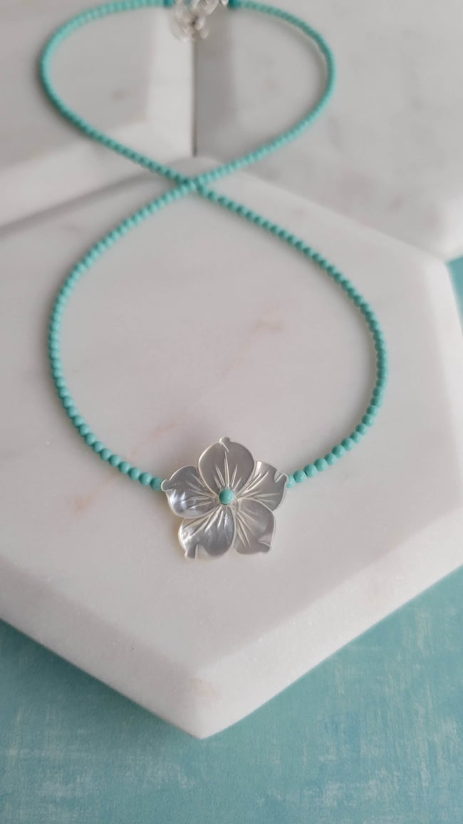 Simple + Sweet:  Tiny Turquoise + White Floral Mother of Pearl Necklace  