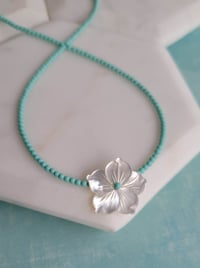 Image 3 of Simple + Sweet:  Tiny Turquoise + White Floral Mother of Pearl Necklace  