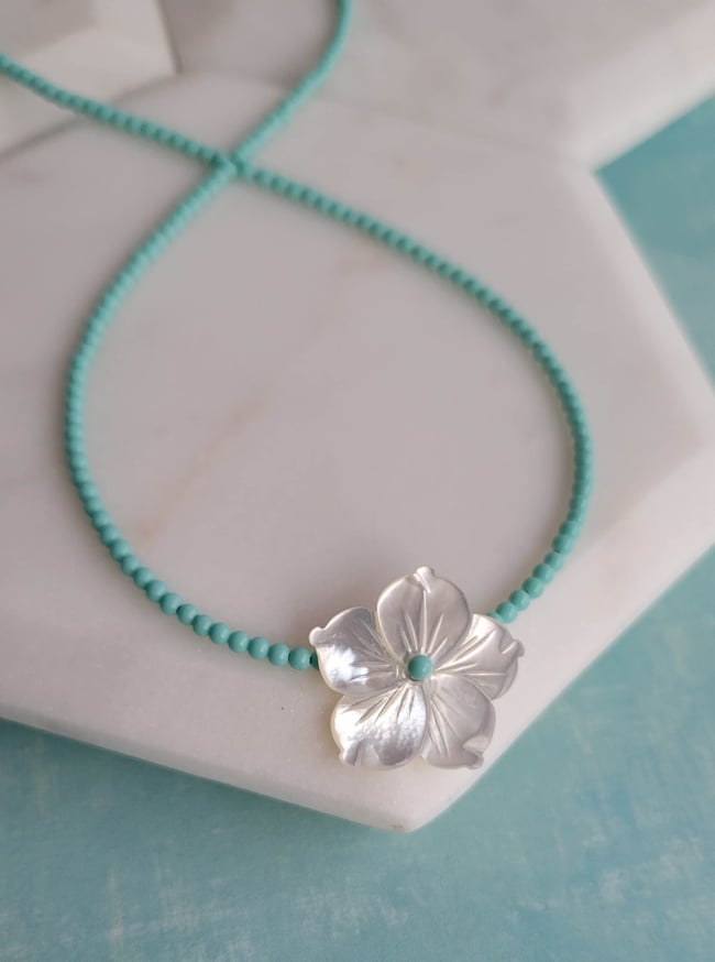 Simple + Sweet:  Tiny Turquoise + White Floral Mother of Pearl Necklace  