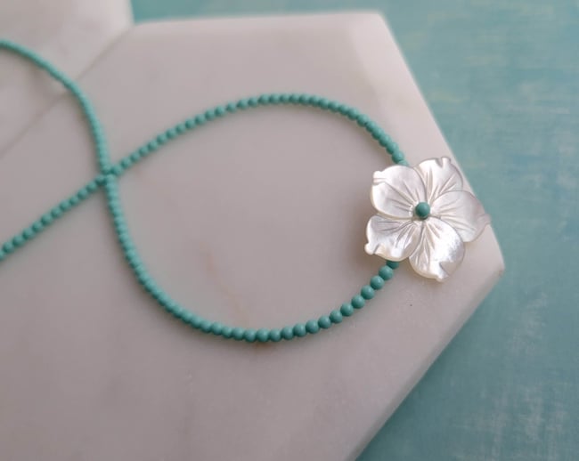 Simple + Sweet:  Tiny Turquoise + White Floral Mother of Pearl Necklace  