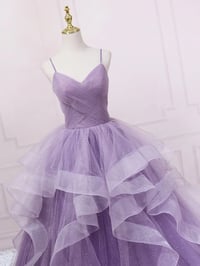 Image 2 of Purple V neck Tulle Long Prom Dress, Purple Tulle Ball Gown Sweet 16 Dresses