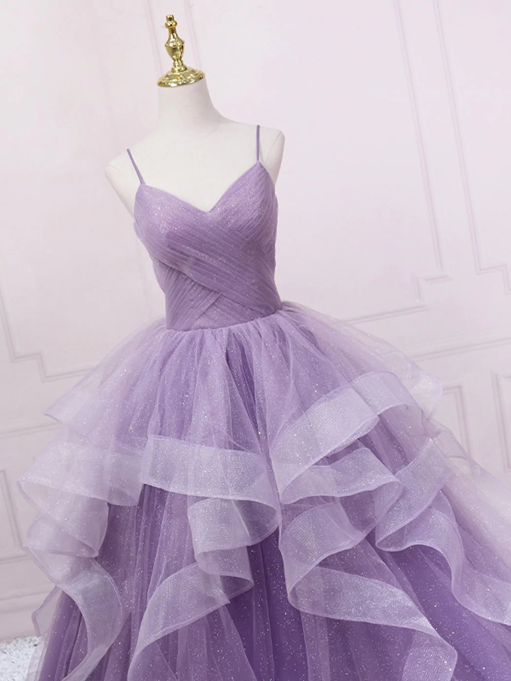 Purple V neck Tulle Long Prom Dress, Purple Tulle Ball Gown Sweet 16 Dresses