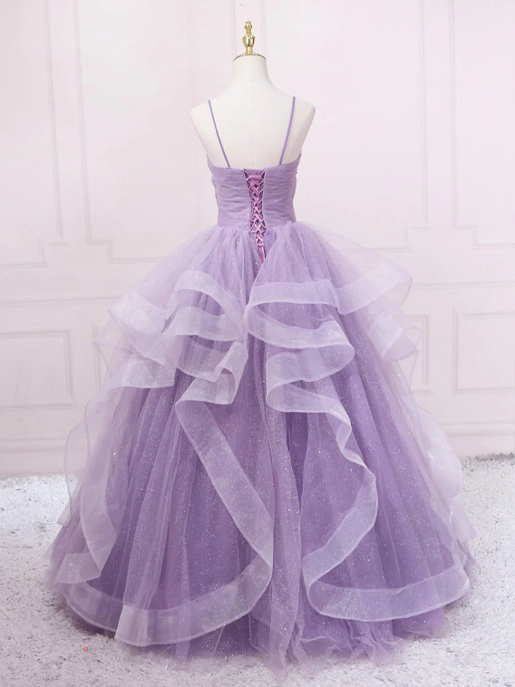 Purple V neck Tulle Long Prom Dress, Purple Tulle Ball Gown Sweet 16 Dresses