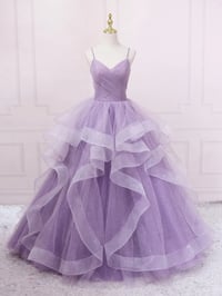 Image 1 of Purple V neck Tulle Long Prom Dress, Purple Tulle Ball Gown Sweet 16 Dresses