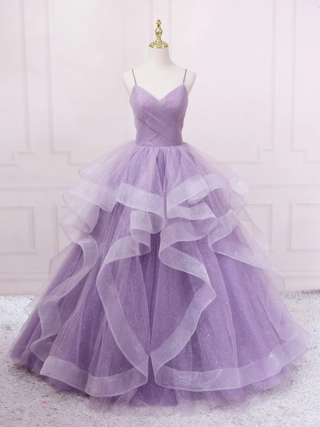 Purple V neck Tulle Long Prom Dress, Purple Tulle Ball Gown Sweet 16 Dresses