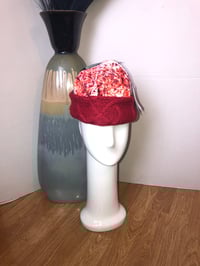 Image 1 of H.O.D. Knitted Brim Hat With Red & White Velvet With Bleached Denim Crown And Red Cable Knit Brim  