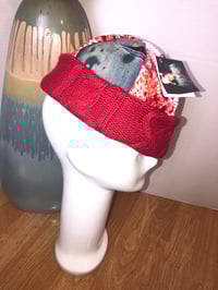 Image 2 of H.O.D. Knitted Brim Hat With Red & White Velvet With Bleached Denim Crown And Red Cable Knit Brim  