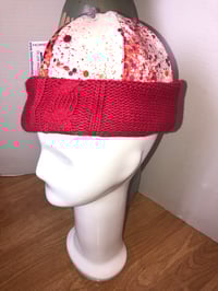 Image 3 of H.O.D. Knitted Brim Hat With Red & White Velvet With Bleached Denim Crown And Red Cable Knit Brim  
