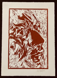 Image 2 of Watchperson - Linocut - Burnt Sienna Ink on Ivory Paper 