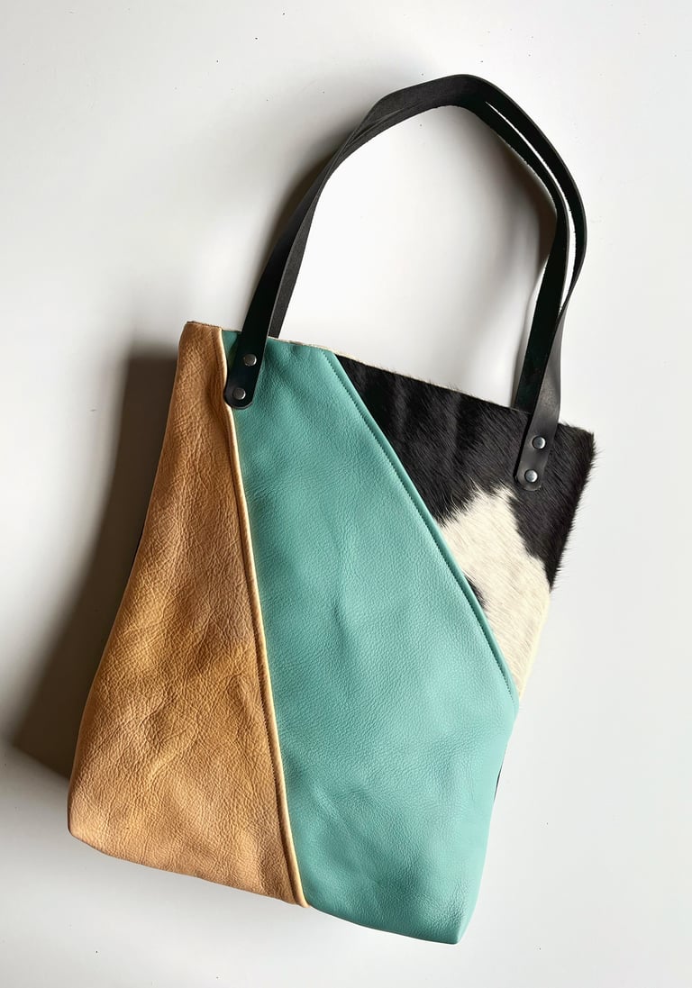 COLLAGE LEATHER TOTE -  TURQUOISE