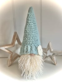 Image 1 of Blue & Cream Handmade Crochet Gnome 
