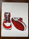 “Jordan 1 front and bottom view” original linocut print
