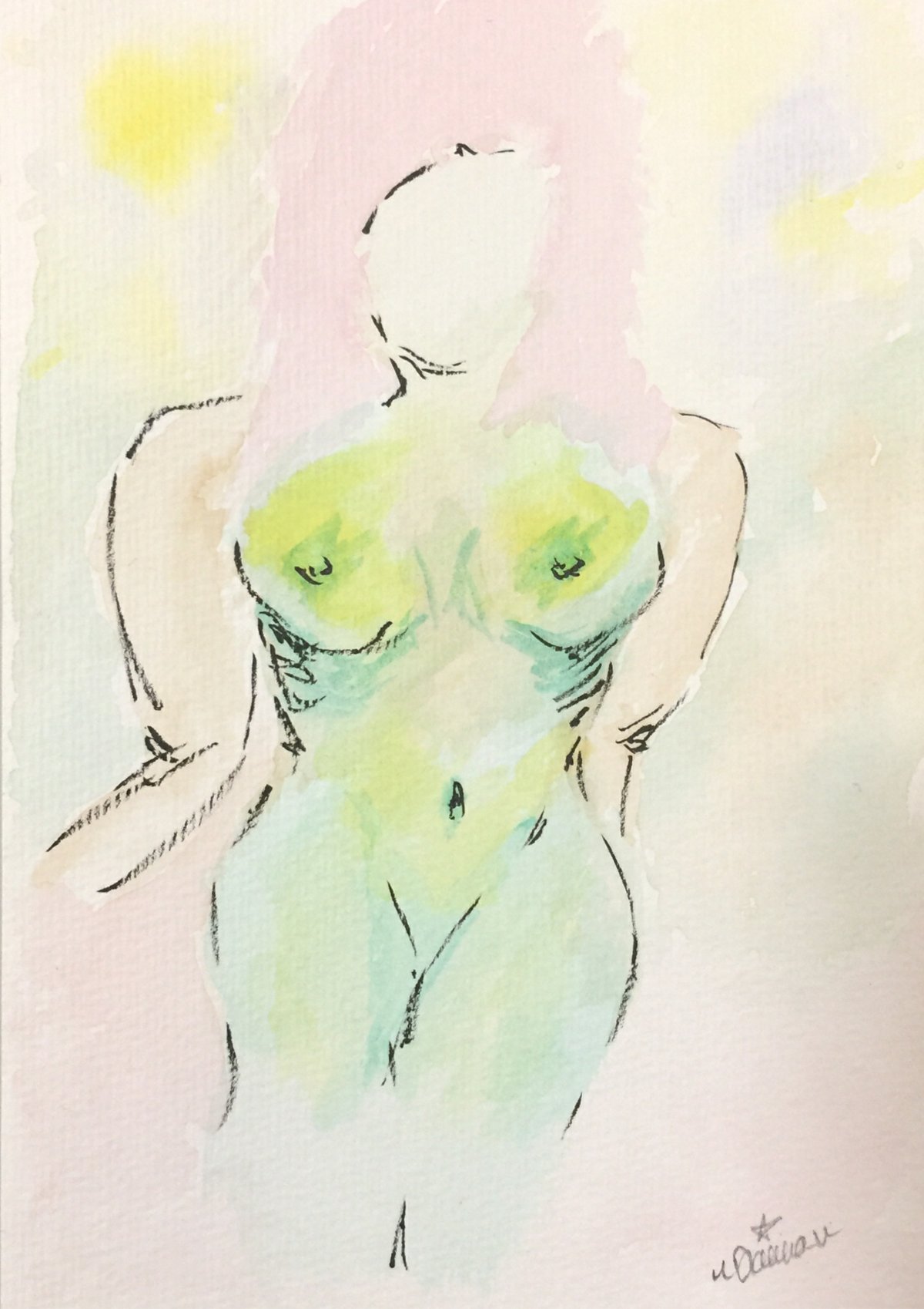 Image of "Abstract Nude in Pastel Watercolours", Original Ink and Watercolour, A5 (148 x 210 mm)