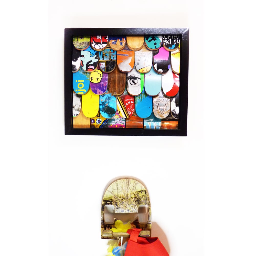 Image of Recycled Skateboard Tile Art in Modern Black Frame. Mini "Skater Shake" Tiles.