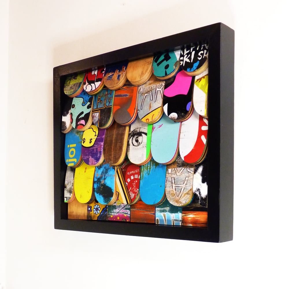 Image of Recycled Skateboard Tile Art in Modern Black Frame. Mini "Skater Shake" Tiles.