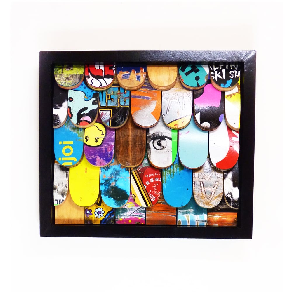 Image of Recycled Skateboard Tile Art in Modern Black Frame. Mini "Skater Shake" Tiles.