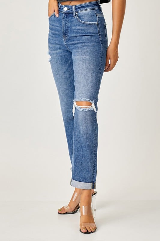 HIGH RISE DISTRESSED MID THIGH SHORTS - Late MAY RISEN DENIM