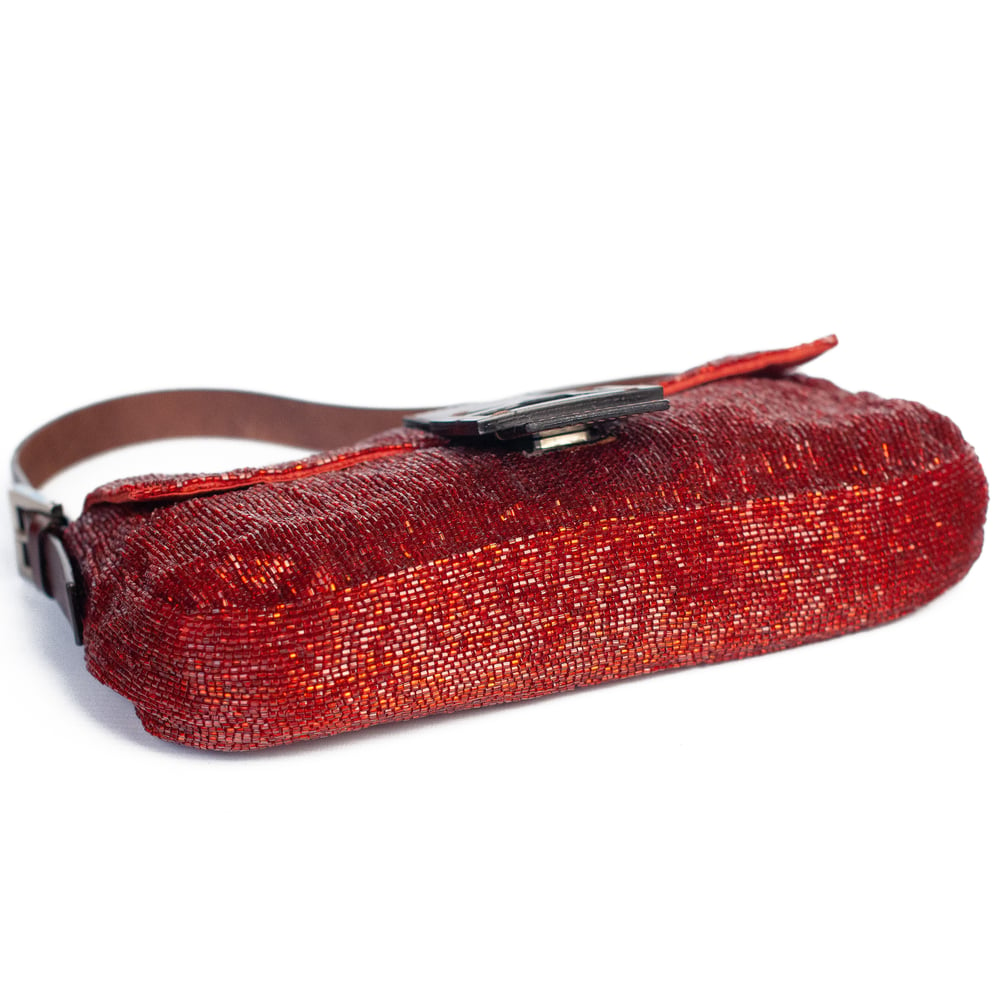 Image of Fendi Red Beaded Baguette Shoulder Bag