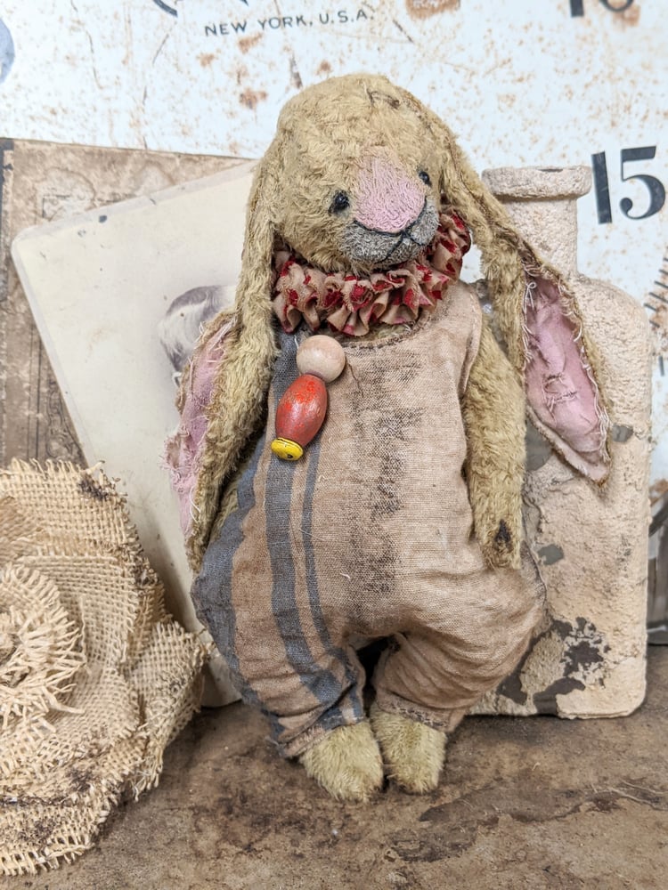 Image of 8.5" - Frumpy Primitive Lop-Eared  Old Tan Rabbit  in romper by Whendi's Bears --