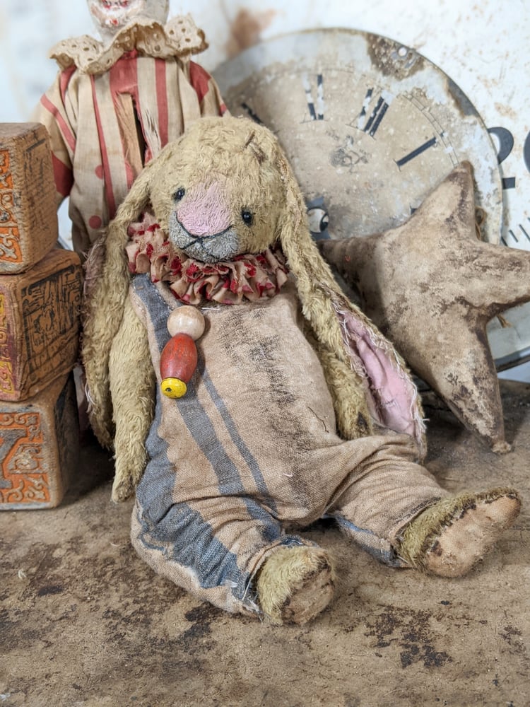 Image of 8.5" - Frumpy Primitive Lop-Eared  Old Tan Rabbit  in romper by Whendi's Bears --