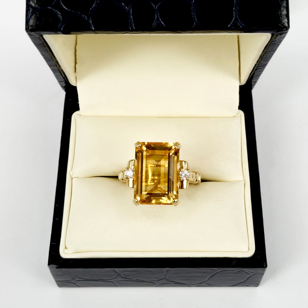 Image of Stunning large 9ct yellow gold antique style yellow topaz & diamond cocktail ring. PJ5896