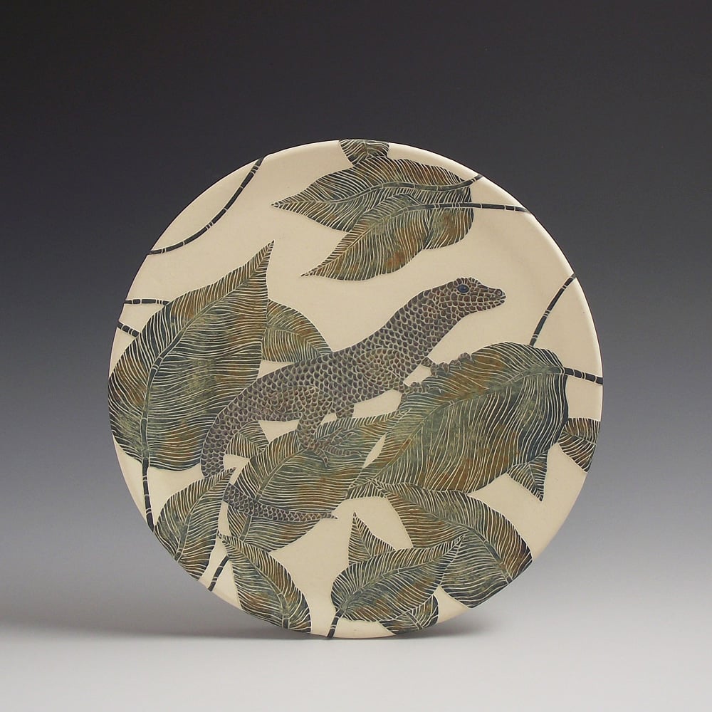 Image of Emerald skink & tropical leaves ceramic sgraffito wall art 