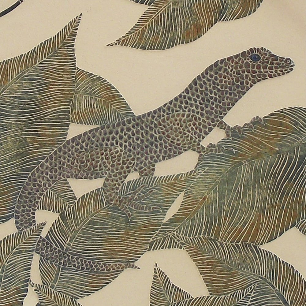 Image of Emerald skink & tropical leaves ceramic sgraffito wall art 