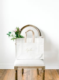 Image 1 of GOLD CALLIGRAPHY HEAVYWEIGHT CANVAS TOTE WITH LEATHER STRAPS