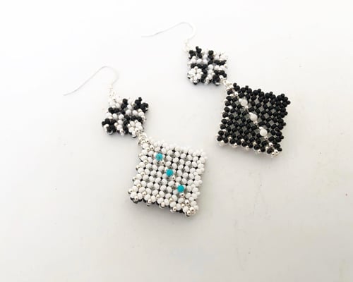 Image of Beaded dual diamond earring ( Pearl & Kingman turquoise) 