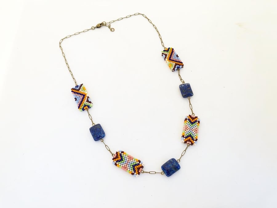 Image of Open link and beaded rug rectangle necklace with Lapis stone accents 