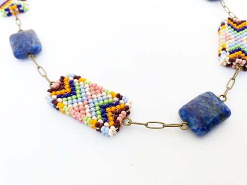 Image of Open link and beaded rug rectangle necklace with Lapis stone accents 