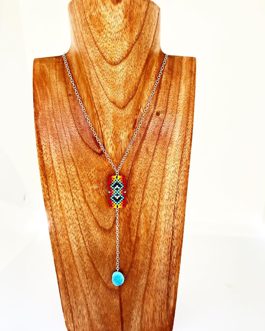 Image of Beaded open rug pattern turquoise fire lariat necklace w/ Kingman turquoise 
