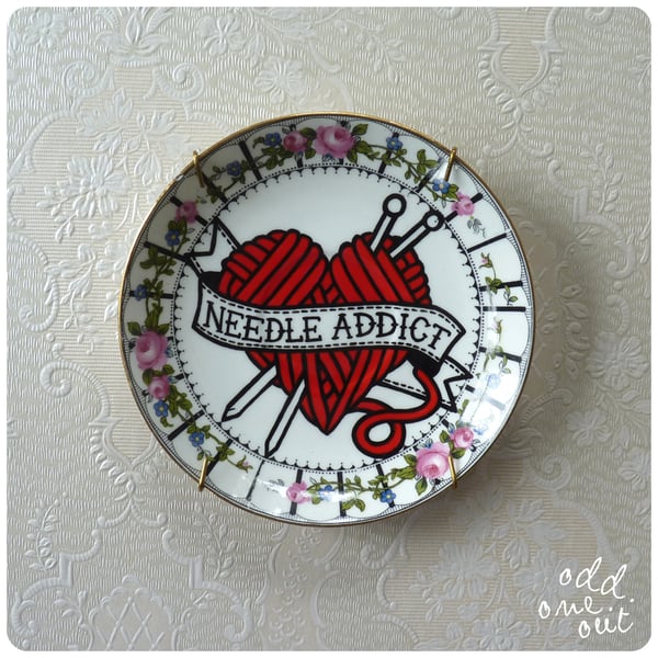 Image of Needle Addict - Hand Painted Vintage Plate
