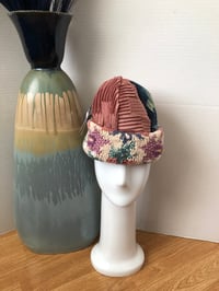 Image 1 of H.O.D. Knitted Brim Hat Pale Pink Pinched Velour & Denim Panel Crown W/Floral Knitted Brim