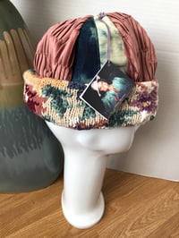 Image 2 of H.O.D. Knitted Brim Hat Pale Pink Pinched Velour & Denim Panel Crown W/Floral Knitted Brim