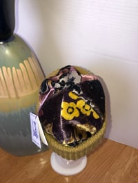 Image 4 of H.O.D. Knitted Brim Hat Purple Flower Pattern Velvet Crown W/Dark Mustard Cable Brim