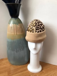 Image 1 of H.OD. Knitted Brim Hat Tan Leopard Velvet 2-Tone Panel W/Tan Tight Knit Brim
