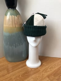 Image 1 of H.O.D. Knitted Brim Hat Cream & Green Velour Crown W/Tassel, Cable Knitted Brim