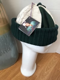 Image 2 of H.O.D. Knitted Brim Hat Cream & Green Velour Crown W/Tassel, Cable Knitted Brim