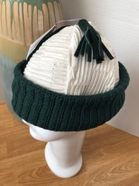 Image 3 of H.O.D. Knitted Brim Hat Cream & Green Velour Crown W/Tassel, Cable Knitted Brim