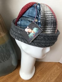 Image 2 of H.O.D. Knitted Brim Hat Denim & Wool Plaid Fabric W/Gray Thick Cable Knit Brim
