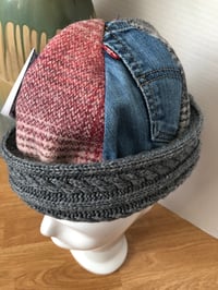 Image 3 of H.O.D. Knitted Brim Hat Denim & Wool Plaid Fabric W/Gray Thick Cable Knit Brim