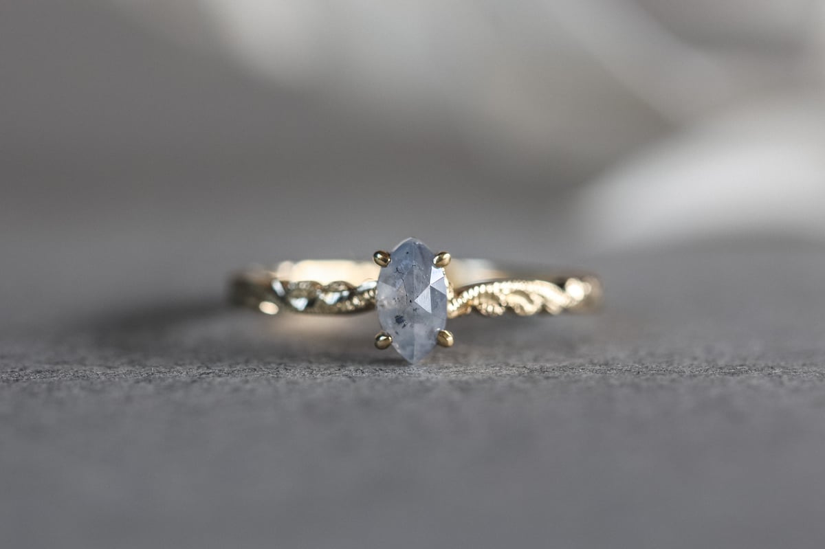 Image of 18ct yellow gold marquise cut milky grey diamond ring (IOW195)