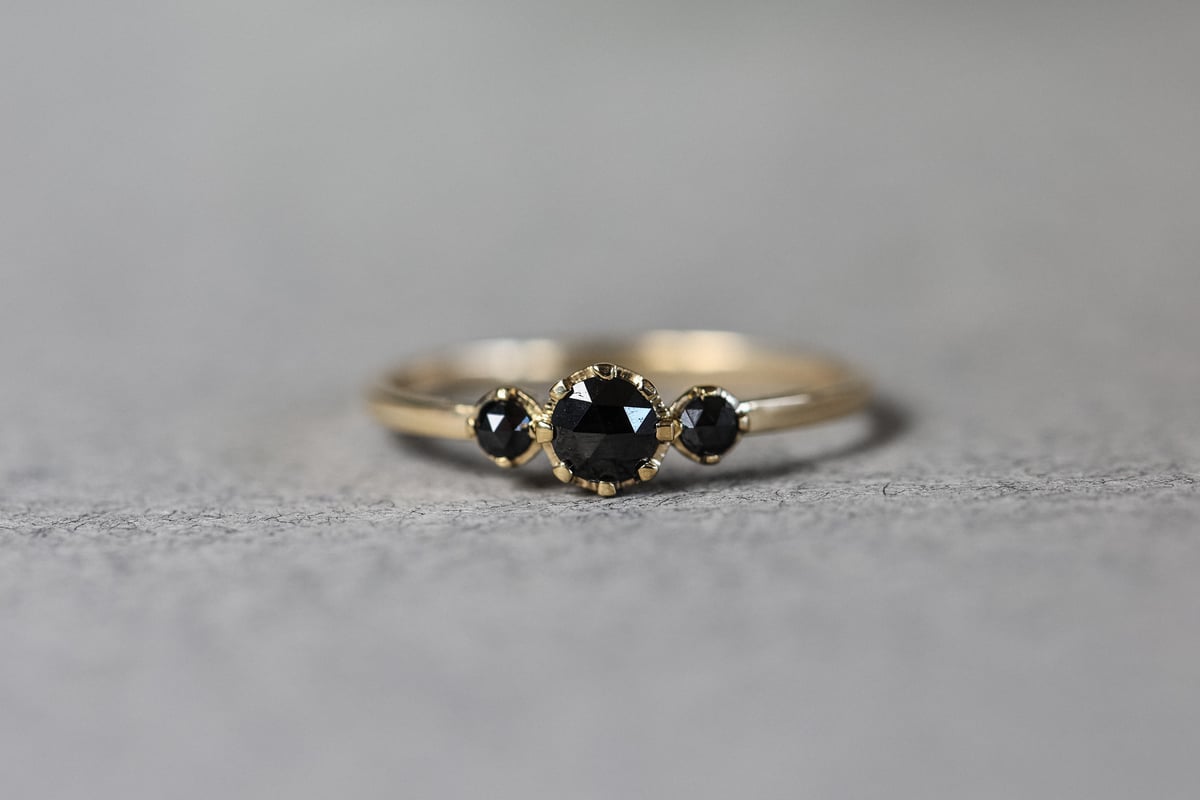 Image of 18ct yellow gold, Rose-cut black diamond trilogy ring (IOW197)