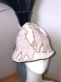 Image 1 of H.O.D. Bucket Hat Cream Linen Embroidery China Dogs W/Solid Brown Woven Knit Side