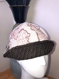 Image 2 of H.O.D. Bucket Hat Cream Linen Embroidery China Dogs W/Solid Brown Woven Knit Side